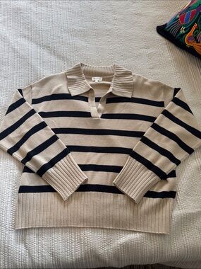 Striped Beige and Black Polo-Collar Sweater by Lily Silk